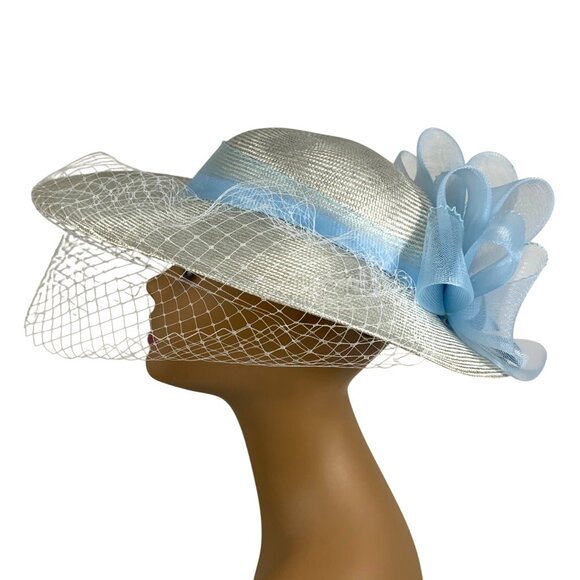 VTG Wide Brim Powder Blue Bow Veil Netting Church Derby Sun Sinamay Hat By Sonni - Picture 1 of 6